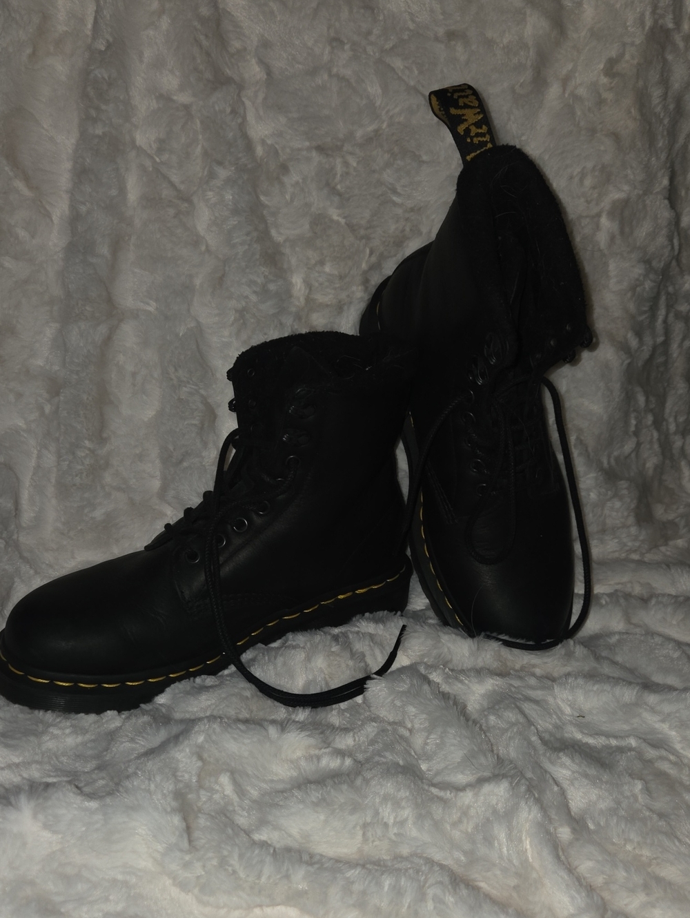 Dr. Martens Fleece Lined Black Leather Lace-Up Ankle Boots with Yellow Stitching
